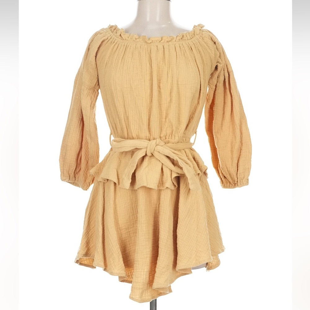 Petal & Pup 100% Cotton Golden Honey Off Shoulder Dress Size M Tie Waist Ruffle - Picture 2 of 11
